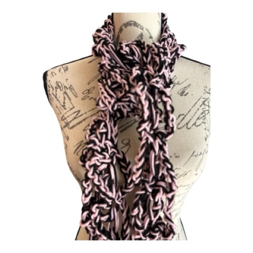 Scarf, hand made crochet, black and pink, very long and narrow, boho accessory.